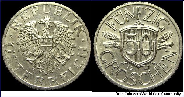 Austria - 50 Groschen - 1947 - Weight 1,4 gr - Aluminum - Size 22 mm - Mintage 26 990 000 - Edge : 26 990 000 - Edge : Reeded - Reference KM# 2870