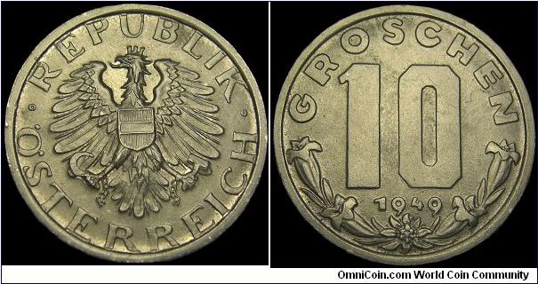 Austria - 10 Groschen - 1949 - Weight 3,5 gr - Zink - Size 21 mm - President / Karl Renner 1945-50 - Mintage 51 202 000 - Edge : Plain - Reference KM# 2874 (1947-49)