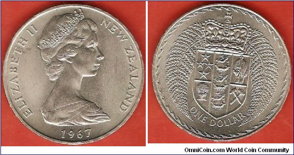1 dollar
Elizabeth II by Arnold Machin
Decimilization commemorative
edge lettering: DECIMAL CURRENCY INTRODUCED JULY 10 1967
mintage 250,000