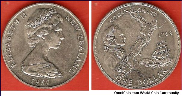 1 dollar
Captain Cook commemorative
Elizabeth II by Arnold Machin
Map of New Zealand with portrait of Captain Cook and ship
edge lettering: COMMEMORATING COOK BI-CENTENARY 1769-1969
copper-nickel
