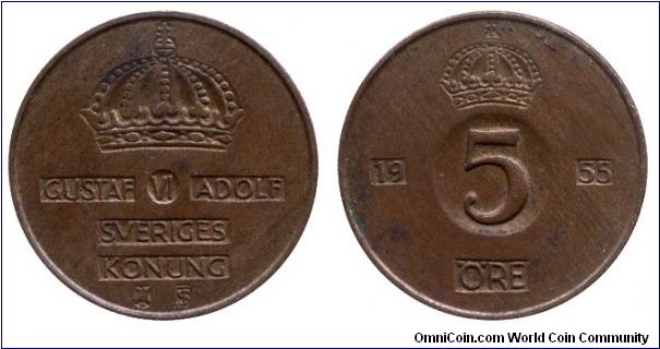 Sweden, 5 öre, 1955, Bronze, Gustaf VI Adolf Sveriges Konung.                                                                                                                                                                                                                                                                                                                                                                                                                                                       