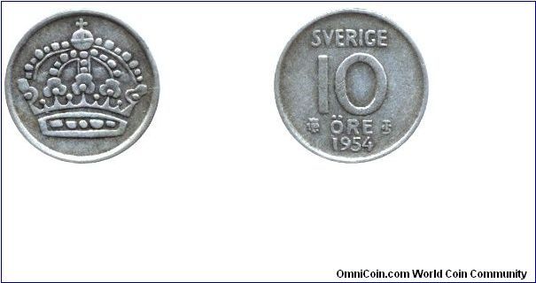 Sweden, 10 öre, 1954, Ag.                                                                                                                                                                                                                                                                                                                                                                                                                                                                                           