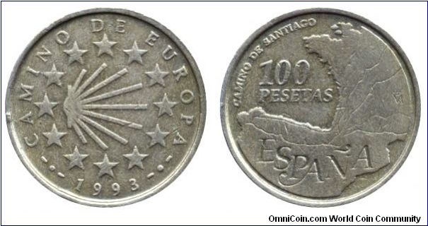 Spain, 100 pesetas, 1993, Al-Bronze, Camino de Santiago, Espana; Camino de Europa.                                                                                                                                                                                                                                                                                                                                                                                                                                  