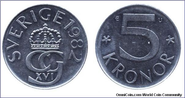 Sweden, 5 kronor, 1982, Cu-Ni, 28.5mm, 9.5g.                                                                                                                                                                                                                                                                                                                                                                                                                                                                        