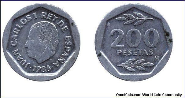 Spain, 200 pesetas, 1986, Cu-Ni, King Juan Carlos I.                                                                                                                                                                                                                                                                                                                                                                                                                                                                