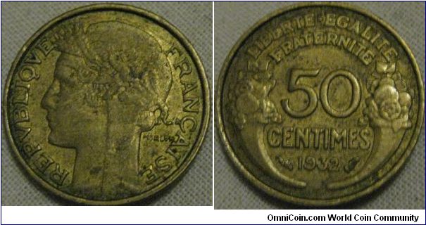 1932 50 centimes, EF grade some lustre.