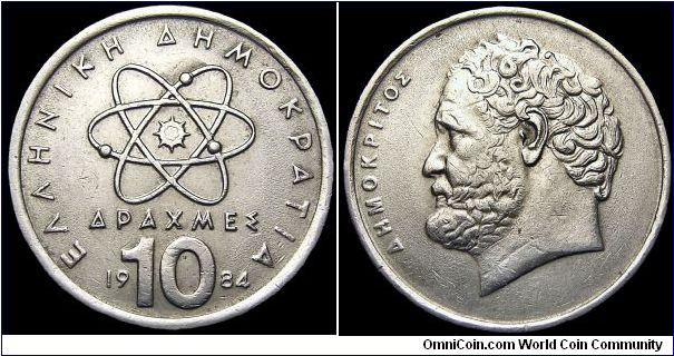 Greece - 10 Drachmai - 1984 - Weight 7,6 gr - Copper / Nickel - Size 26 mm - President / Constantine Karamanlis - Subject / Democritus - Mintage 23 802 000 - Edge : Plain - Reference KM# 132
