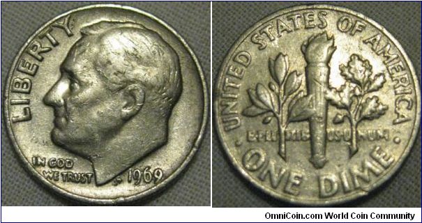 1969 dime, VF grade