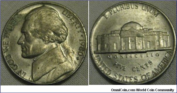 EF grade 1980 D 5 cents, slanted D?