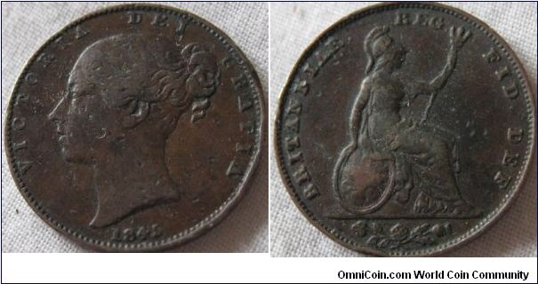 1845 farthing, larger 4 leaning 8, also interesting FID. type