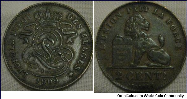 1909 EF grade 2 cents from belgium, good looking coin, raised 9 in 09?