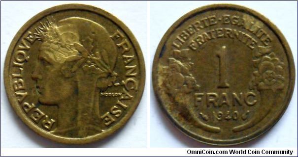 1 franc.
1940, Aluminum-brass