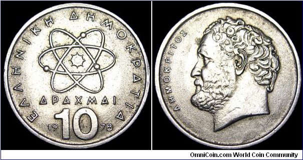 Greece - 10 Drachmai - 1978 - Weight 7,5 gr - Copper / Nickel - Size 25,6 mm - President / Constantine Tsatsos - Subject / Democritus - Mintage 14 637 000 - Edge : Plain - Reference KM# 119