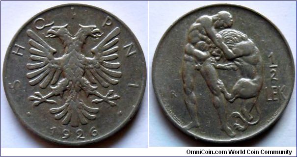 1/2 lek.
1926, Hercules and lion.