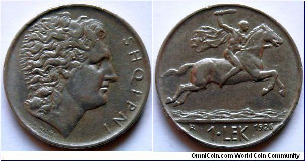 1 lek.
1926, Alexander the Great. Cu-ni.
Mintage 1.004.000 units. Beautiful design. Rome mint.