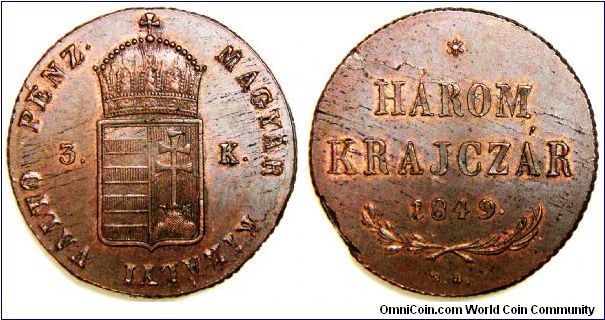 Hungary War of Independence Coinage, Három (3) krajczár, Nagybánya (NB) mint.
Choice uncirculated, red & brown.
Very scarce this nice. Splendid specimen. 