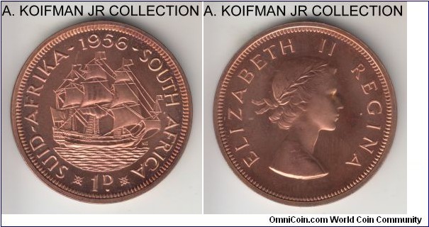KM-46, 1956 South Africa penny; proof, bronze, plain edge; Elizabeth II, mintage 1,700 in sets, almost perfect cameo but it does have a few toning darker spots.