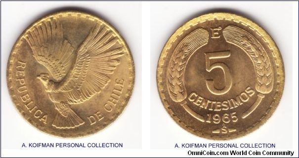 KM-190, 1965 Chile 5 centesimos; aluminum bronze, reeded edge; nice bright uncirculated