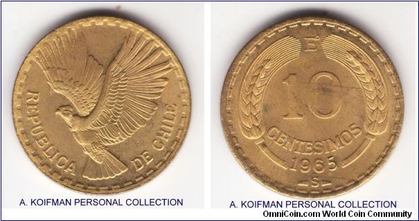 KM-191, 1965 Chile 10 centesimos; aluminum bronze, plain edge; average uncirculated