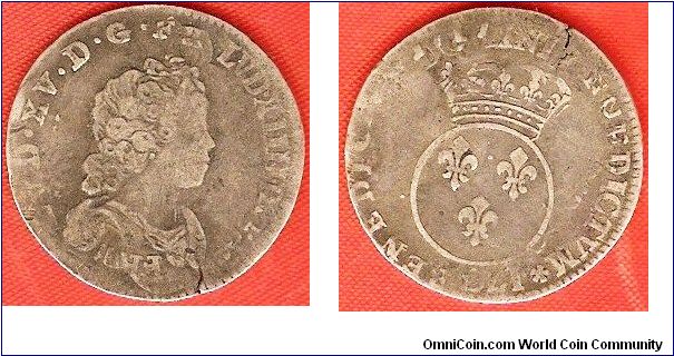 12 sols (1/10 ecu)
Louis XV
crowned shield with 3 fleur-de-lys
struck over a Louis XIIII 12 sols piece
0.917 silver