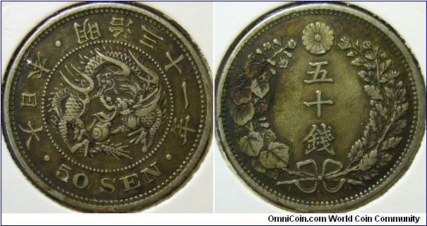 Japan 1898 50 sen. Nice condition.