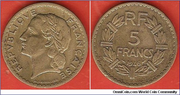 5 francs
aluminum-bronze
designer: Lavrillier
Paris Mint
struck for use in Africa