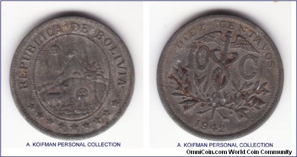 KM-179a, 1942 10 centavos; iron, plain edge; as typical of many war time iron coins around thewworld heavily ozidized but all details are visible, some dirt/corrosion on reverse, no grading service will probably accept it but I'll count it for very fine