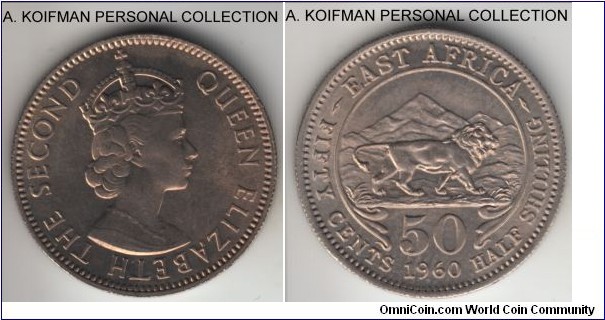 KM-36, 1960 East Africa (British) 50 cents; copper nickel, reeded edge; nice above average uncirculated.