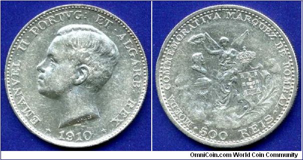 500 reis.
Manuel II (1908-1910).
Moeda commemorativa Marqez de Pombal.
Mintage 400,000 units.


Ag917f. 12,5gr.