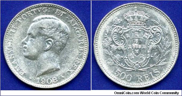 500 reis.
Emanuel II (1908-1910).
Mintage 2,500,000 units.


Ag917f. 12,5gr.