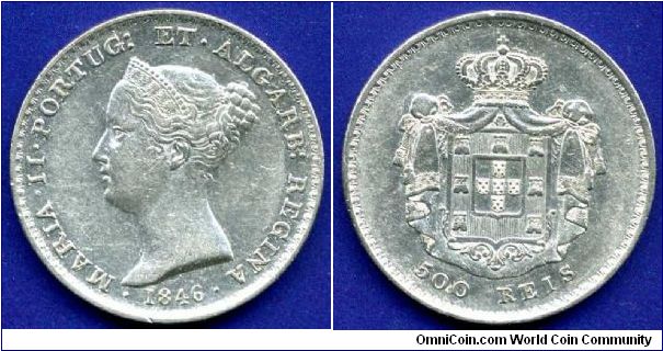 500 reis.
Queen Maria II (1819-1853).
Mintage 74,000 units.


Ag917f. 14,8gr.