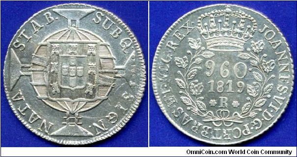 960 reis.
Portugeze Brazil.
Joann VI (1767-1826).
The coin is converted from 8 reales one of the Spanish colonies. The coin preserved fragments of the picture and the legend of 8 reales.


Ag903f. 27,07gr.