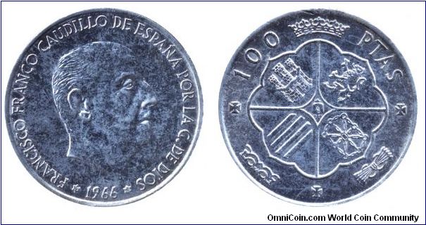 Spain, 100 pesetas, 1968 (1966), Ag, 19g, Francisco Franco Caudillo de Espana por la G. de Dios.                                                                                                                                                                                                                                                                                                                                                                                                                    
