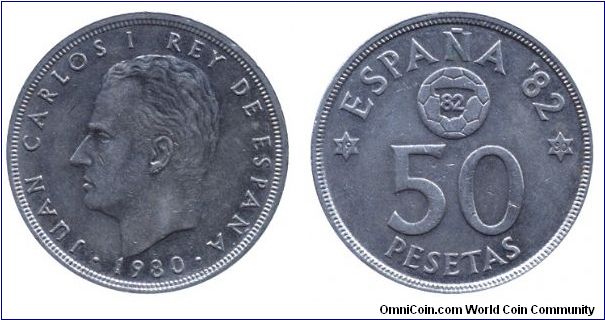 Spain, 50 pesetas, 1980, Cu-Ni, Juan Carlos, I, World Soccer Championship Spain, 1982.                                                                                                                                                                                                                                                                                                                                                                                                                              