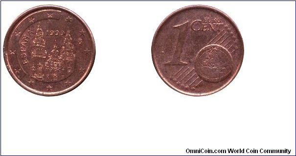 Spain, 1 cent, 1999, Cu-Steel, 16.25mm, 2.3g, Cathedral of Santiago de Compostela.                                                                                                                                                                                                                                                                                                                                                                                                                                  