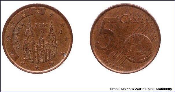 Spain, 5 cents, 2000, Cu-Steel, 21.25mm, 3.92g, Cathedral of Santiago de Compostela.                                                                                                                                                                                                                                                                                                                                                                                                                                