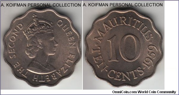 KM-33, 1959 Mauritus 10 cents; copper nickel, plain edge, scalloped flan; nice above average uncirculated.