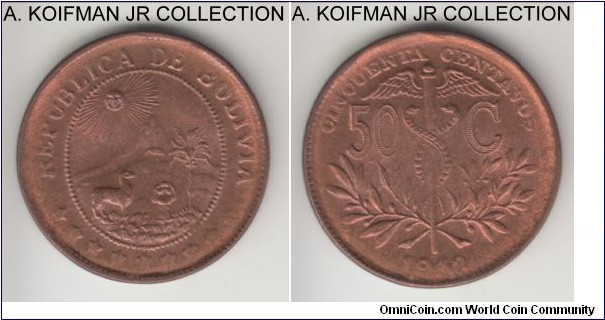 KM-182a2, Bolivia 1942 50 centavos; bronse, plain edge; red uncirculated specimen, weak details, especially around lettering, apparently restrike of the original Philadelphia issue.