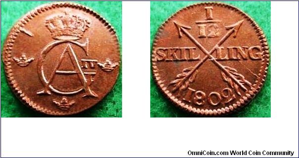1802 Sweden 1/12 Skilling - Red Uncirculated, scarce this nice.