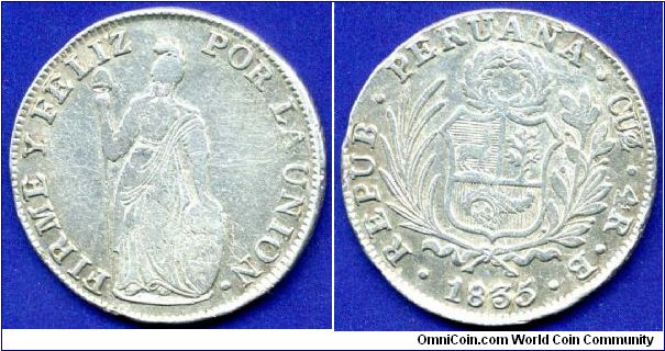 4 real.
Republica Peruana.
Cuzco mint.


Ag667f. 13,0gr.