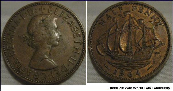 1964 halfpenny EF grade bright coin, interesting error on reverse