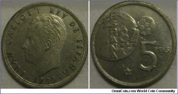 1980 5 pesetas, interestingly has the 80 str instead of a crowned M