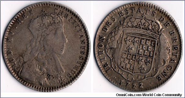 Silver jeton issued for the 1722 sitting of the Bretonese Parliament. Obverse bears crowned bust of the young and `most Christian' King Louis XV