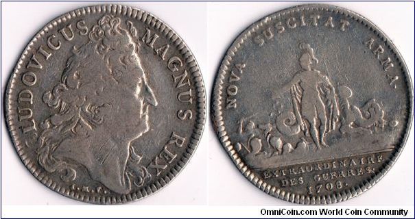 silver jeton dated 1708 (during the reign of Louis XIV) and issued for the `Extraordinaire des Guerres'.