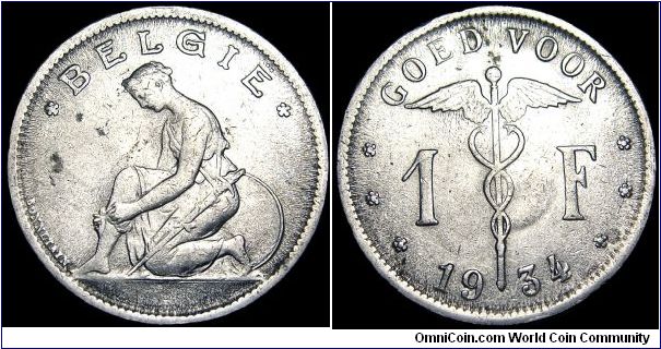 Belgium - 1 Franc - 1934 - Weight 4,9 gr - Nickel - Size 23 mm - King / Leopold III - Mintage 8 025 000 - Edge : Reeded - Reference KM# 90