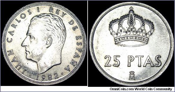 Spain - 25 Pesetas - 1982 - Weight 8,5 gr - Copper / Nickel - Size 26,5 mm - Regent / Juan Carlos I - Mintage 146 000 000 - Edge : Reeded - Note : Mint mark crowned M - Reference KM# 824