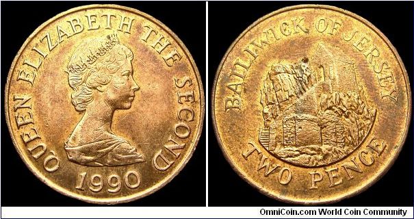 Jersey - 2 Pence - 1990 - Weight 7,1 gr - Size 25,91 mm - Ruler / Elizabeth II (1952-) - Reverse / L´Hemitage, St Helier - Mintage 2 600 000 - Edge : Plain - Reference KM# 55 (1983-97)