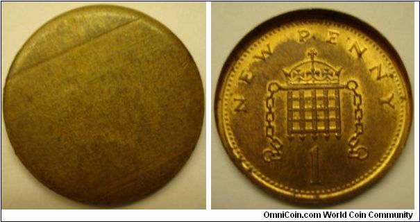 Elizabeth II, Penny. Undated uniface reverse brockage of 1971 -1981 type with partially raised rim. As struck reverse full lustre, lightly toning. Rare