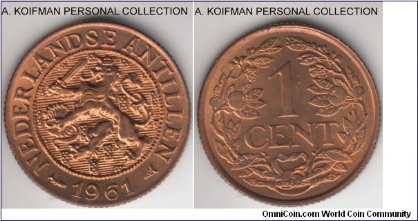KM-1, 1961 Netherlands Antilles cent; bronze, reeded edge; blazing red uncirculated.