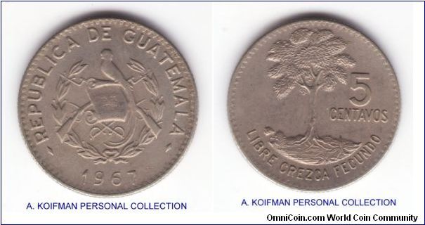 KM-266, 1967 Guatemala 5 centavos; copper nickel, reeded edge; about extra fine, small die break running from the wreath through the T.